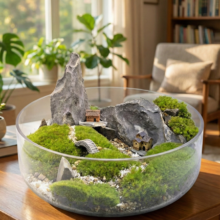 Live Moss Terrarium Glass Bowl | Miniature Village Garden | Zen Rock Scenery