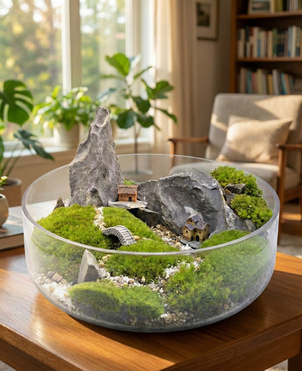 Live Moss Terrarium Glass Bowl | Miniature Village Garden | Zen Rock Scenery