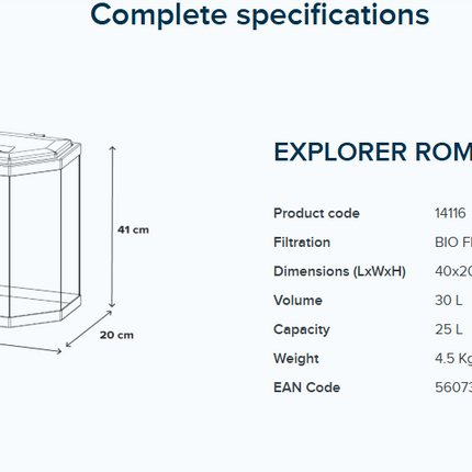 Aquatlantis Explorer Rome 30L Aquarium Fish Tank with Safe LED & Bio Filter 200