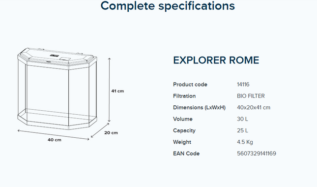 Aquatlantis Explorer Rome 30L Aquarium Fish Tank with Safe LED & Bio Filter 200