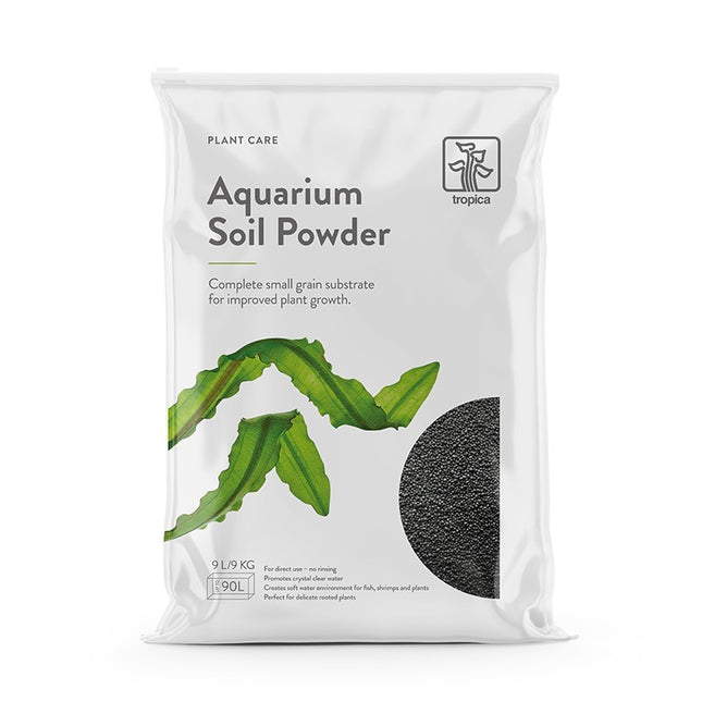 Tropica Plant Soil Powder 9L for Planted Tanks Aquarium Plants Active Soil in a bag with green aquarium leaves.