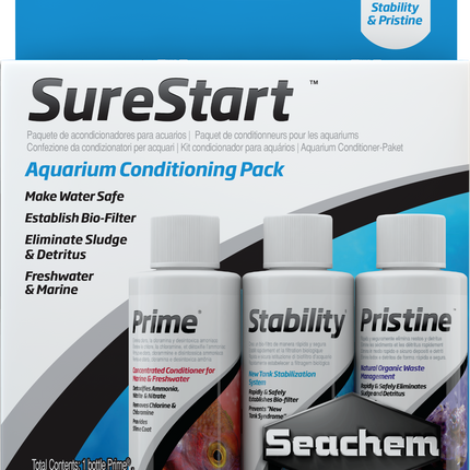 Seachem SureStart, Prime Stability Pristine bundle, aquarium water conditioner,